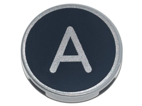 Tile, Round 2 x 2 with Bottom Stud Holder with Silver Capital Letter A on Black Background Pattern