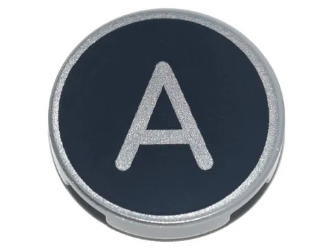Tile, Round 2 x 2 with Bottom Stud Holder with Silver Capital Letter A on Black Background Pattern