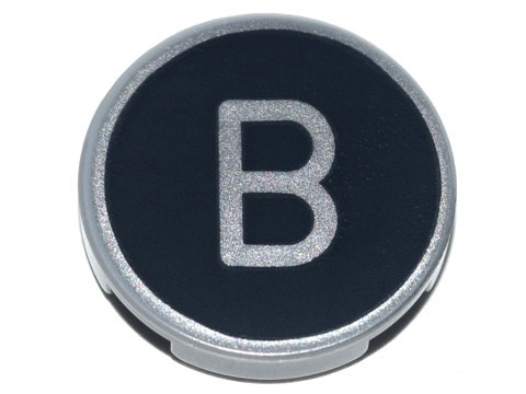 Tile, Round 2 x 2 with Bottom Stud Holder with Silver Capital Letter B on Black Background Pattern