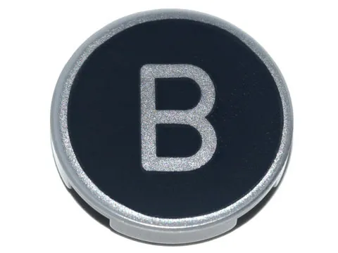 Tile, Round 2 x 2 with Bottom Stud Holder with Silver Capital Letter B on Black Background Pattern