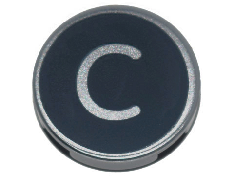 Tile, Round 2 x 2 with Bottom Stud Holder with Silver Capital Letter C on Black Background Pattern