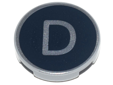 Tile, Round 2 x 2 with Bottom Stud Holder with Silver Capital Letter D on Black Background Pattern