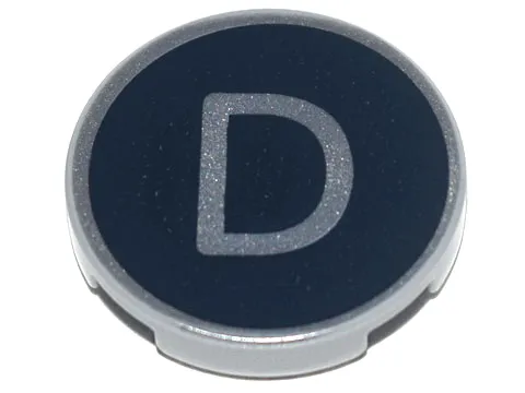 Tile, Round 2 x 2 with Bottom Stud Holder with Silver Capital Letter D on Black Background Pattern
