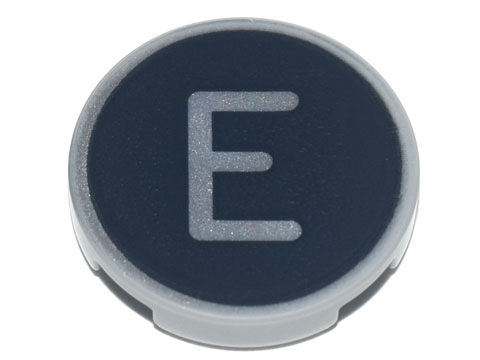 Tile, Round 2 x 2 with Bottom Stud Holder with Silver Capital Letter E on Black Background Pattern