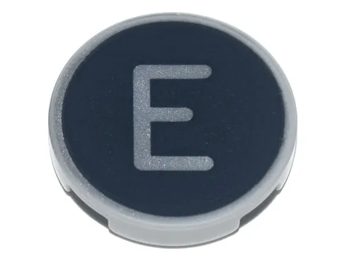 Tile, Round 2 x 2 with Bottom Stud Holder with Silver Capital Letter E on Black Background Pattern