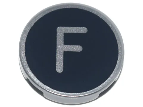 Tile, Round 2 x 2 with Bottom Stud Holder with Silver Capital Letter F on Black Background Pattern