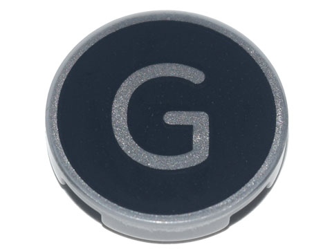 Tile, Round 2 x 2 with Bottom Stud Holder with Silver Capital Letter G on Black Background Pattern