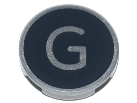 Tile, Round 2 x 2 with Bottom Stud Holder with Silver Capital Letter G on Black Background Pattern
