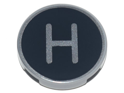 Tile, Round 2 x 2 with Bottom Stud Holder with Silver Capital Letter H on Black Background Pattern