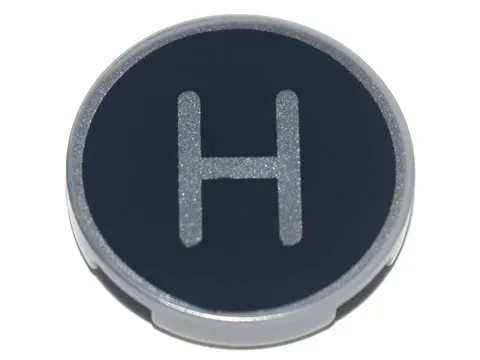 Tile, Round 2 x 2 with Bottom Stud Holder with Silver Capital Letter H on Black Background Pattern