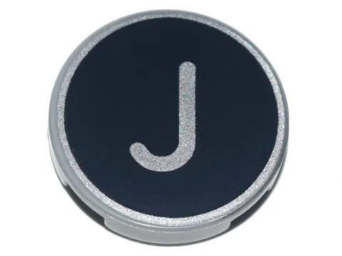 Tile, Round 2 x 2 with Bottom Stud Holder with Silver Capital Letter J on Black Background Pattern
