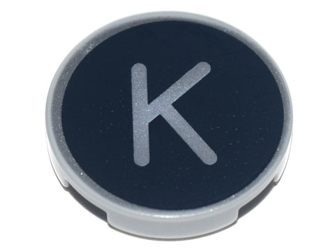 Tile, Round 2 x 2 with Bottom Stud Holder with Silver Capital Letter K on Black Background Pattern