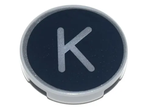 Tile, Round 2 x 2 with Bottom Stud Holder with Silver Capital Letter K on Black Background Pattern