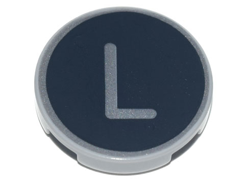 Tile, Round 2 x 2 with Bottom Stud Holder with Silver Capital Letter L on Black Background Pattern