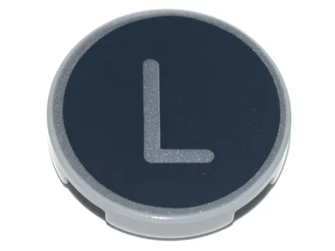Tile, Round 2 x 2 with Bottom Stud Holder with Silver Capital Letter L on Black Background Pattern