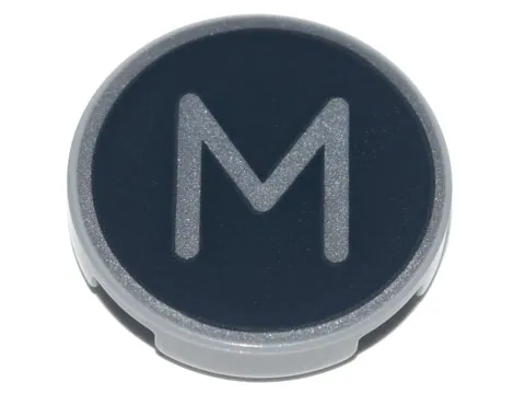 Tile, Round 2 x 2 with Bottom Stud Holder with Silver Capital Letter M on Black Background Pattern