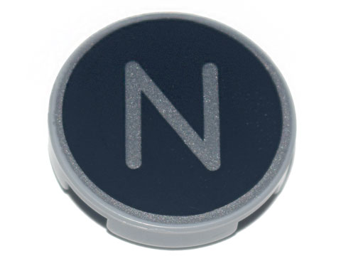 Tile, Round 2 x 2 with Bottom Stud Holder with Silver Capital Letter N on Black Background Pattern
