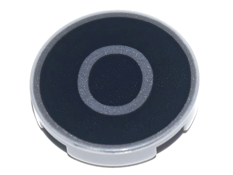 Tile, Round 2 x 2 with Bottom Stud Holder with Silver Capital Letter O on Black Background Pattern