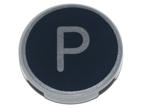 Tile, Round 2 x 2 with Bottom Stud Holder with Silver Capital Letter P on Black Background Pattern
