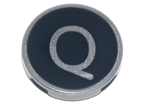 Tile, Round 2 x 2 with Bottom Stud Holder with Silver Capital Letter Q on Black Background Pattern
