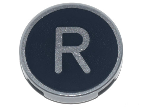 Tile, Round 2 x 2 with Bottom Stud Holder with Silver Capital Letter R on Black Background Pattern