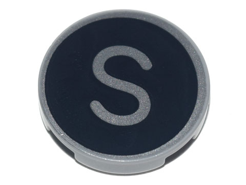Tile, Round 2 x 2 with Bottom Stud Holder with Silver Capital Letter S on Black Background Pattern