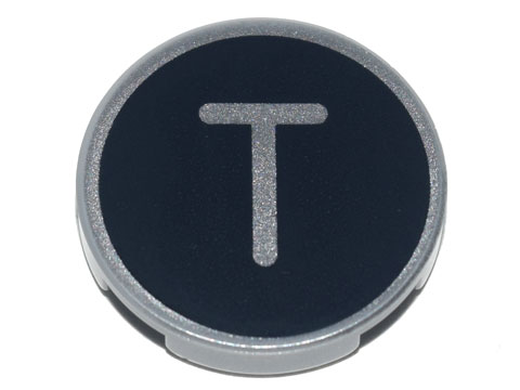 Tile, Round 2 x 2 with Bottom Stud Holder with Silver Capital Letter T on Black Background Pattern
