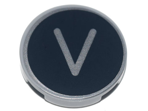 Tile, Round 2 x 2 with Bottom Stud Holder with Silver Capital Letter V on Black Background Pattern
