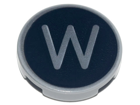 Tile, Round 2 x 2 with Bottom Stud Holder with Silver Capital Letter W on Black Background Pattern
