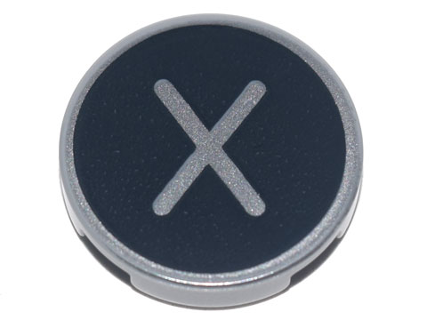 Tile, Round 2 x 2 with Bottom Stud Holder with Silver Capital Letter X on Black Background Pattern