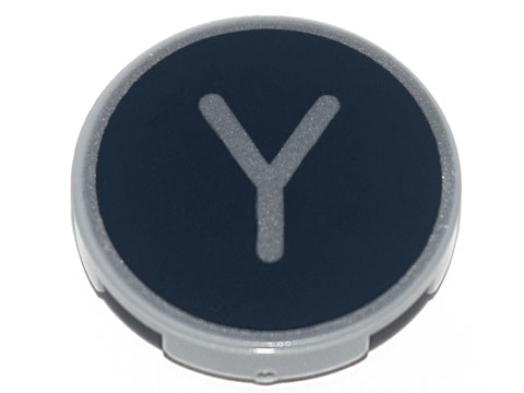 Tile, Round 2 x 2 with Bottom Stud Holder with Silver Capital Letter Y on Black Background Pattern