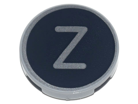 Tile, Round 2 x 2 with Bottom Stud Holder with Silver Capital Letter Z on Black Background Pattern