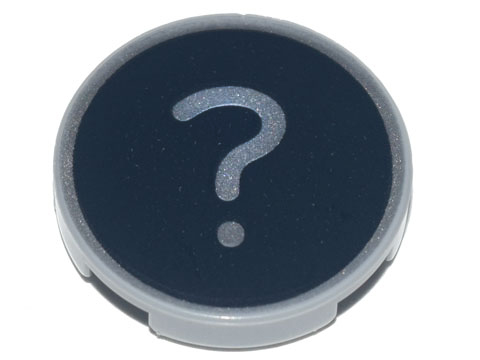 Tile, Round 2 x 2 with Bottom Stud Holder with Metallic Silver '?' Question Mark Pattern