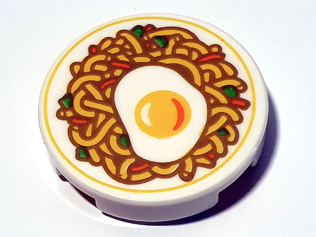 Tile, Round 2 x 2 with Bottom Stud Holder with Fried Egg, Ramen Noodles and Vegetables Pattern