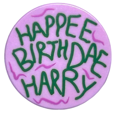 Tile, Round 2 x 2 with Bottom Stud Holder with Green 'HAPPEE BIRTHDAE HARRY', Dark Pink Swirls Pattern