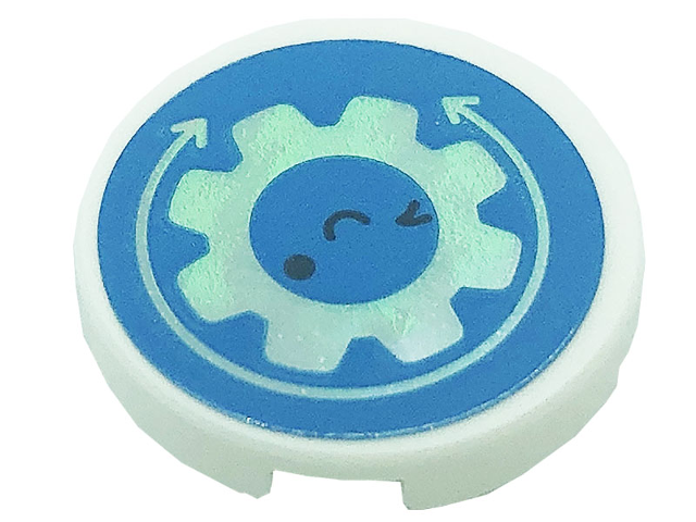 Tile, Round 2 x 2 with Bottom Stud Holder with Arrows, Tooth Gear, Eyes and Smile on Dark Azure Background Pattern (Sticker) - Set 41366