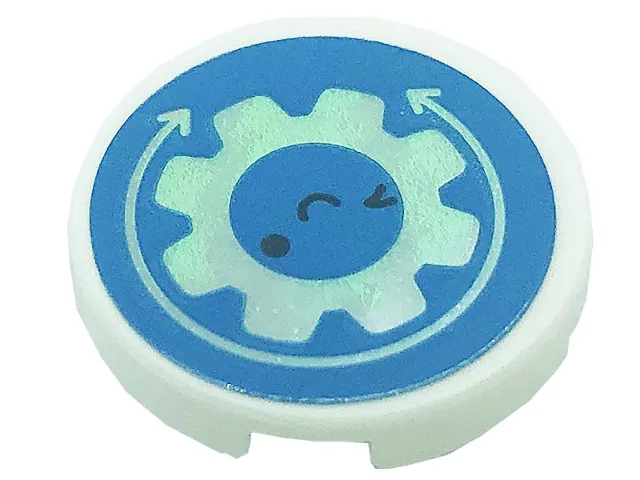 Tile, Round 2 x 2 with Bottom Stud Holder with Arrows, Tooth Gear, Eyes and Smile on Dark Azure Background Pattern (Sticker) - Set 41366
