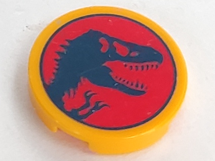 Tile, Round 2 x 2 with Bottom Stud Holder with Jurassic World Logo, Dark Blue Dinosaur Skull Silhouette on Red Background Pattern
