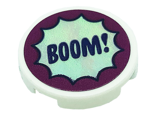 Tile, Round 2 x 2 with Bottom Stud Holder with 'BOOM!' in Silver Starburst on Magenta Background Pattern (Sticker) - Set 41685