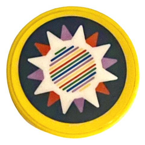 Tile, Round 2 x 2 with Bottom Stud Holder with Lavender, Red, and White Star with Barcode on Dark Blue Background Pattern (Sticker) - Set 71395