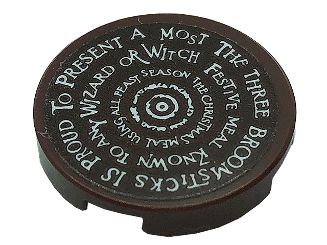 Tile, Round 2 x 2 with Bottom Stud Holder with White 'THE THREE BROOMSTICKS' Pattern (Sticker) - Set 76388