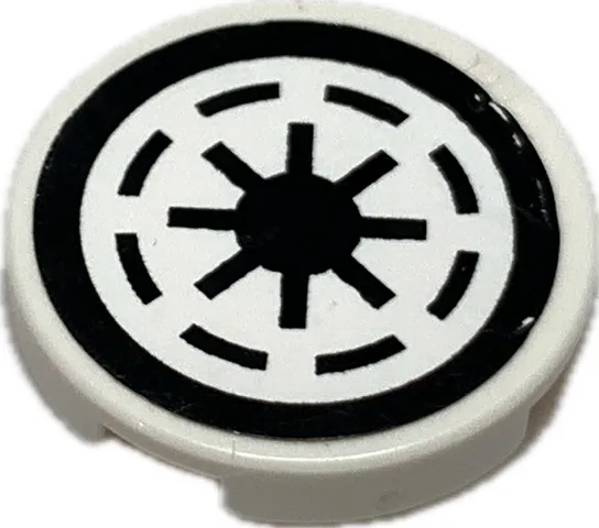 Tile, Round 2 x 2 with Bottom Stud Holder with SW Galactic Republic Logo on White Background, Black Border, Thick Gaps Pattern (Sticker) - Sets 75021 / 75039