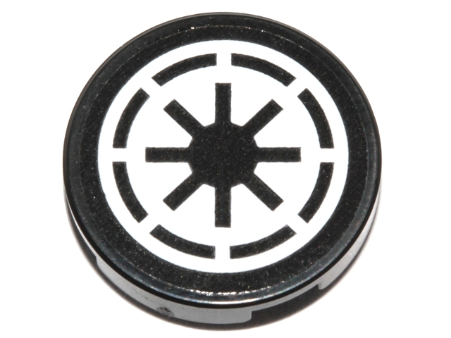 Tile, Round 2 x 2 with Bottom Stud Holder with SW Galactic Republic Logo on White Background, Black Border, Thin Gaps Pattern (Sticker) - Set 75214