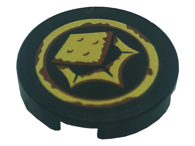 Tile, Round 2 x 2 with Bottom Stud Holder with Gold Skull, Ring and Reddish Brown Rust Pattern (Sticker) - Set 71755