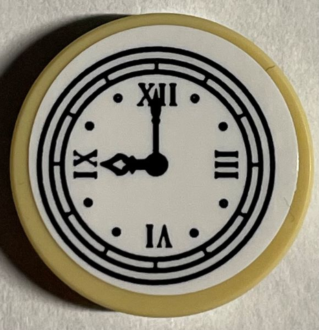 Tile, Round 2 x 2 with Bottom Stud Holder with Clock Face (Time 9:00) with Black Hands and Roman Numerals on White Background Pattern (Sticker) - Set 21330
