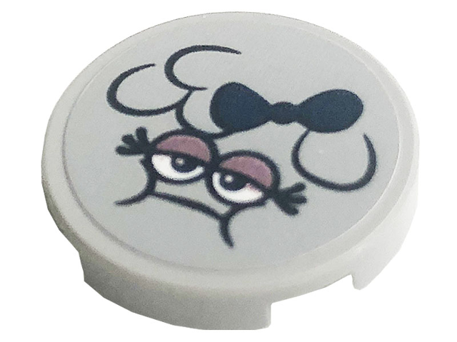 Tile, Round 2 x 2 with Bottom Stud Holder with Face and Dark Blue Bow Pattern (Sticker) - Set 41256