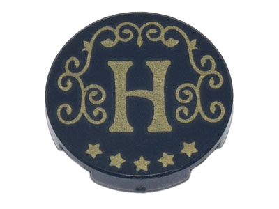 Tile, Round 2 x 2 with Bottom Stud Holder with Gold Capital Letter H, Filigree, and Stars Pattern