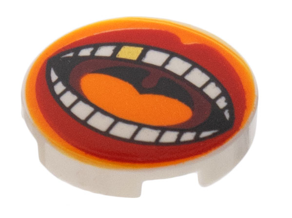 Tile, Round 2 x 2 with Bottom Stud Holder with Large Mouth, Red Lips, Orange Tongue, White Teeth with Gold Tooth Pattern