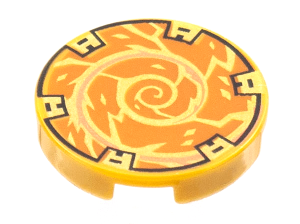 Tile, Round 2 x 2 with Bottom Stud Holder with Copper Spiral and Gold Electricity Pattern