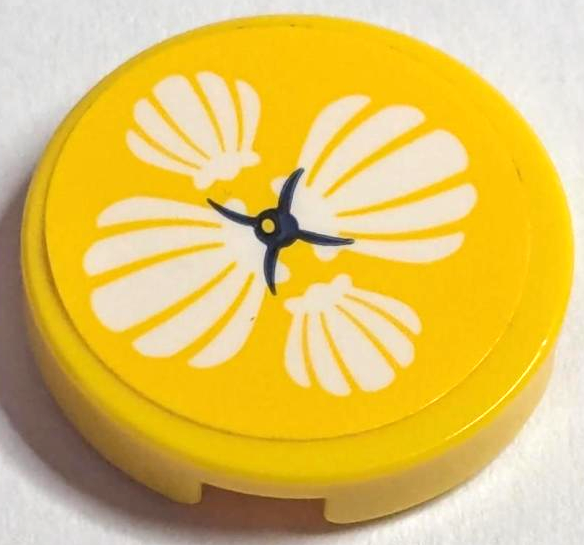 Tile, Round 2 x 2 with Bottom Stud Holder with Cushion with White Shells and Black Button on Yellow Background Pattern (Sticker) - Set 41380